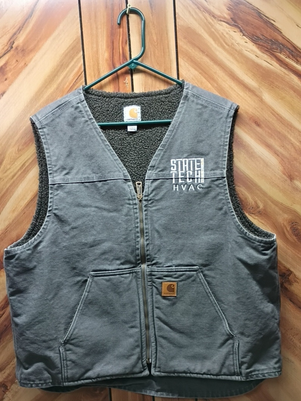 Vintage Carhartt Gray Sherpa-Lined Work Vest with State Tech HVAC Logo